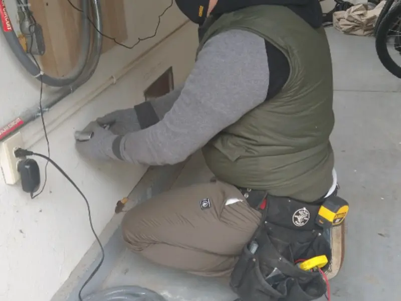 Electrician performing outlet wiring in a Crest garage